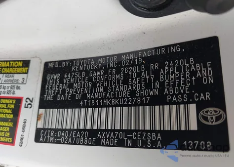 2019 Toyota Camry Se z USA, uszkodzony, nr VIN 4T1B11HK8KU227817